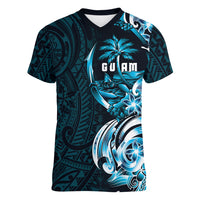 Asut Guam Chamorro Women V-Neck T-Shirt Guahan Seal Tattoo LT14 Female Blue - Polynesian Pride
