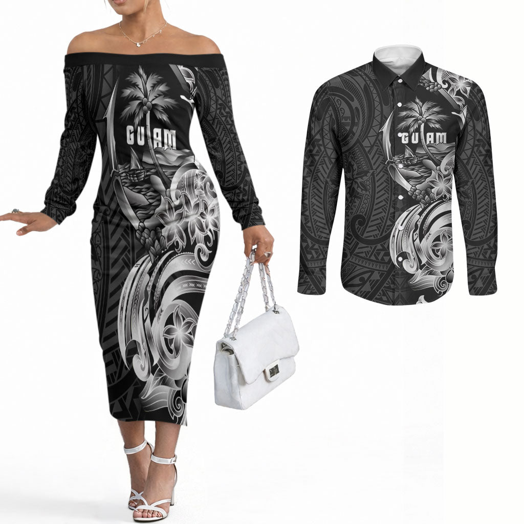 Attelong Guam Chamorro Couples Matching Off The Shoulder Long Sleeve Dress and Long Sleeve Button Shirt Guahan Seal Tattoo LT14 Black - Polynesian Pride