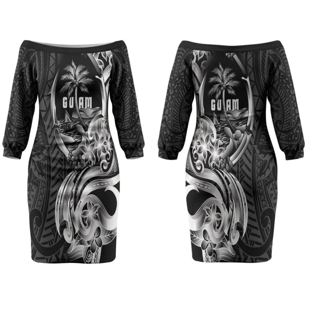 Attelong Guam Chamorro Couples Matching Off The Shoulder Long Sleeve Dress and Long Sleeve Button Shirt Guahan Seal Tattoo LT14 - Polynesian Pride