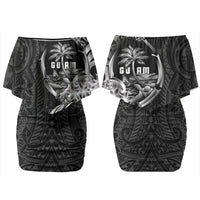 Attelong Guam Chamorro Family Matching Off Shoulder Short Dress and Hawaiian Shirt Guahan Seal Tattoo LT14 Mom's Dress Black - Polynesian Pride