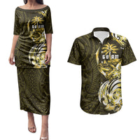 Amariyu Guam Chamorro Couples Matching Puletasi and Hawaiian Shirt Guahan Seal Tattoo LT14 Yellow - Polynesian Pride
