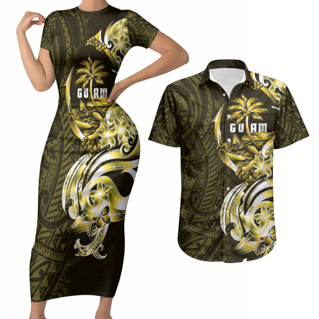 Amariyu Guam Chamorro Couples Matching Short Sleeve Bodycon Dress and Hawaiian Shirt Guahan Seal Tattoo LT14 Yellow - Polynesian Pride