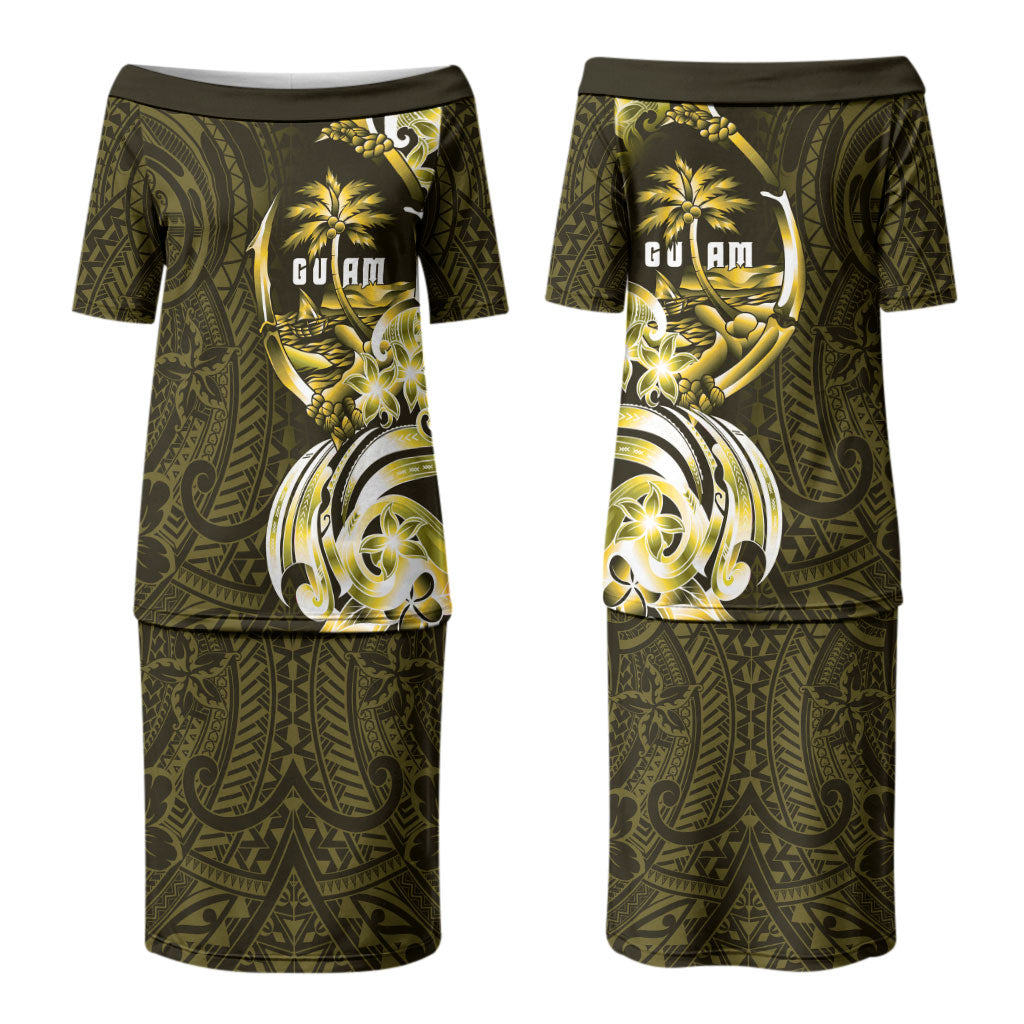 Amariyu Guam Chamorro Family Matching Puletasi and Hawaiian Shirt Guahan Seal Tattoo LT14 Mom's Dress Yellow - Polynesian Pride