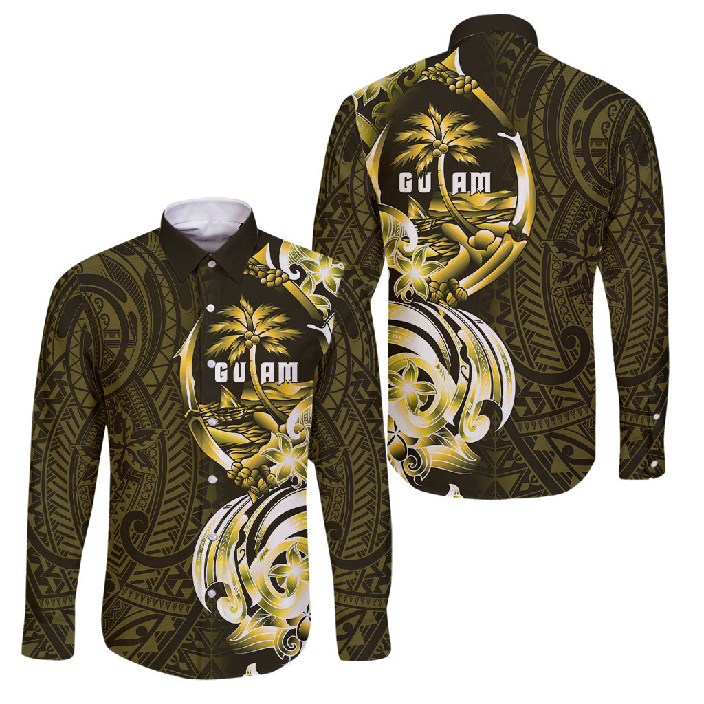 Amariyu Guam Chamorro Family Matching Puletasi and Hawaiian Shirt Guahan Seal Tattoo LT14 Dad's Shirt - Long Sleeve Yellow - Polynesian Pride