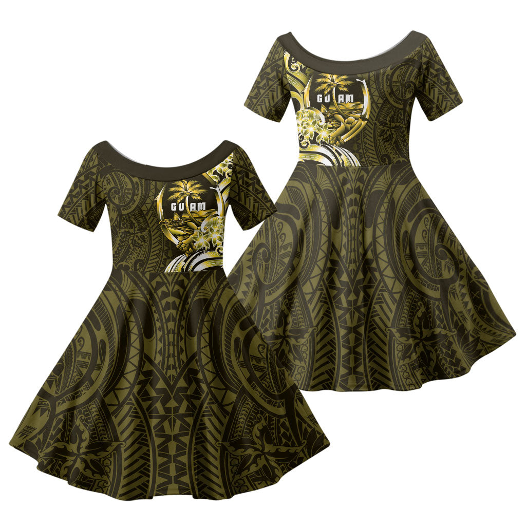 Amariyu Guam Chamorro Family Matching Puletasi and Hawaiian Shirt Guahan Seal Tattoo LT14 Daughter's Dress Yellow - Polynesian Pride