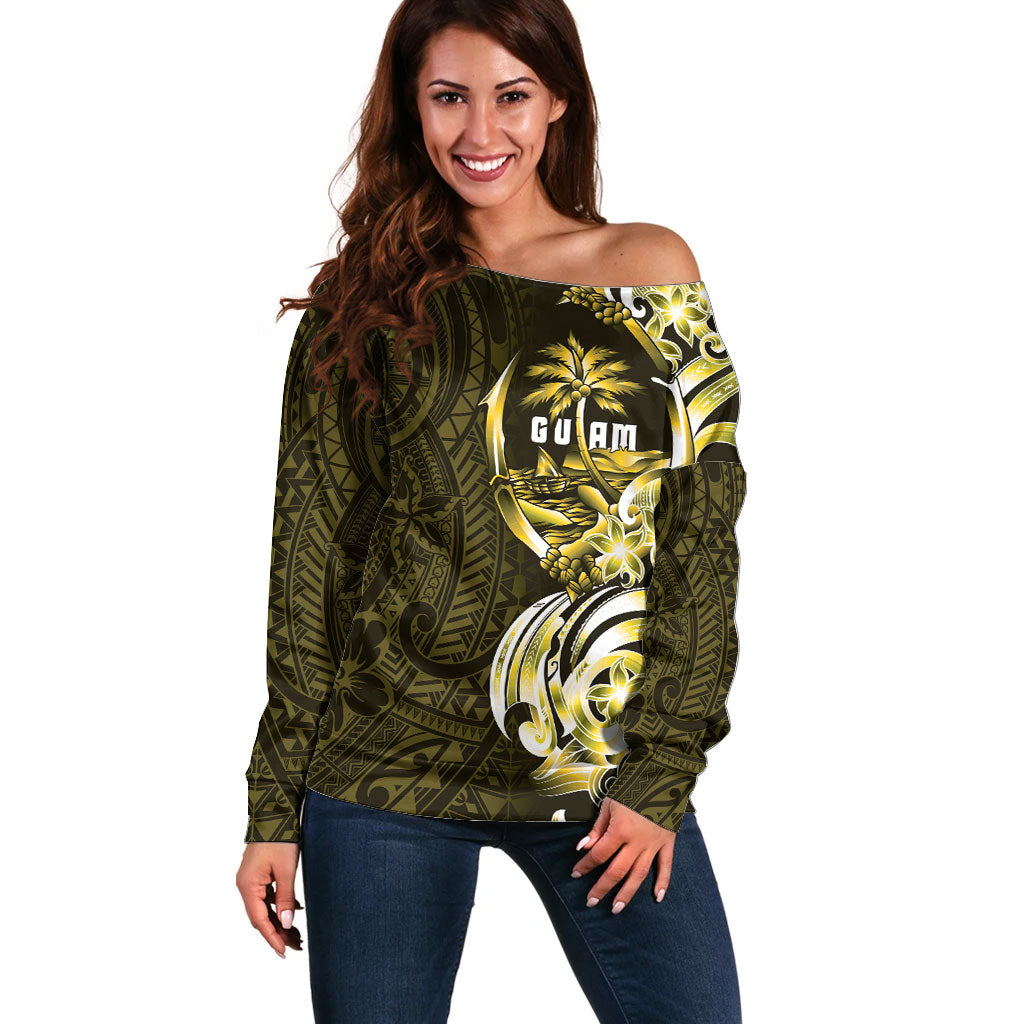 Amariyu Guam Chamorro Off Shoulder Sweater Guahan Seal Tattoo LT14 Women Yellow - Polynesian Pride