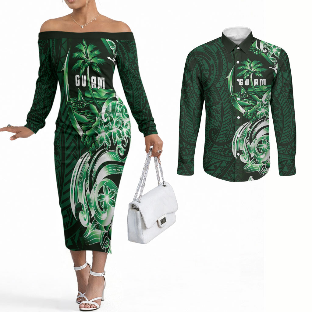 Betde Guam Chamorro Couples Matching Off The Shoulder Long Sleeve Dress and Long Sleeve Button Shirt Guahan Seal Tattoo LT14 Green - Polynesian Pride