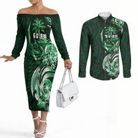 Betde Guam Chamorro Couples Matching Off The Shoulder Long Sleeve Dress and Long Sleeve Button Shirt Guahan Seal Tattoo LT14 Green - Polynesian Pride