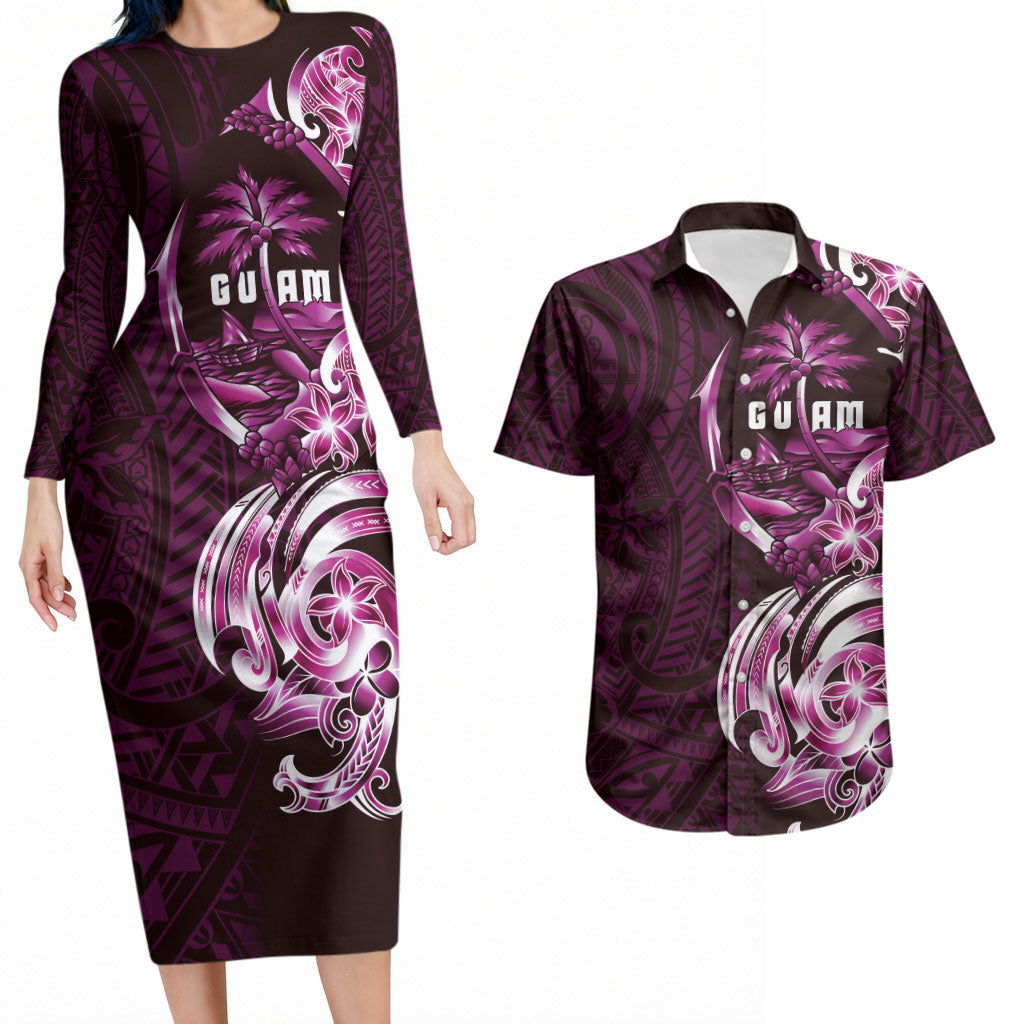 Kulot Di Rosa Guam Chamorro Couples Matching Long Sleeve Bodycon Dress and Hawaiian Shirt Guahan Seal Tattoo LT14 Pink - Polynesian Pride