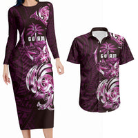 Kulot Di Rosa Guam Chamorro Couples Matching Long Sleeve Bodycon Dress and Hawaiian Shirt Guahan Seal Tattoo LT14 Pink - Polynesian Pride