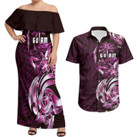 Kulot Di Rosa Guam Chamorro Couples Matching Off Shoulder Maxi Dress and Hawaiian Shirt Guahan Seal Tattoo LT14 Pink - Polynesian Pride