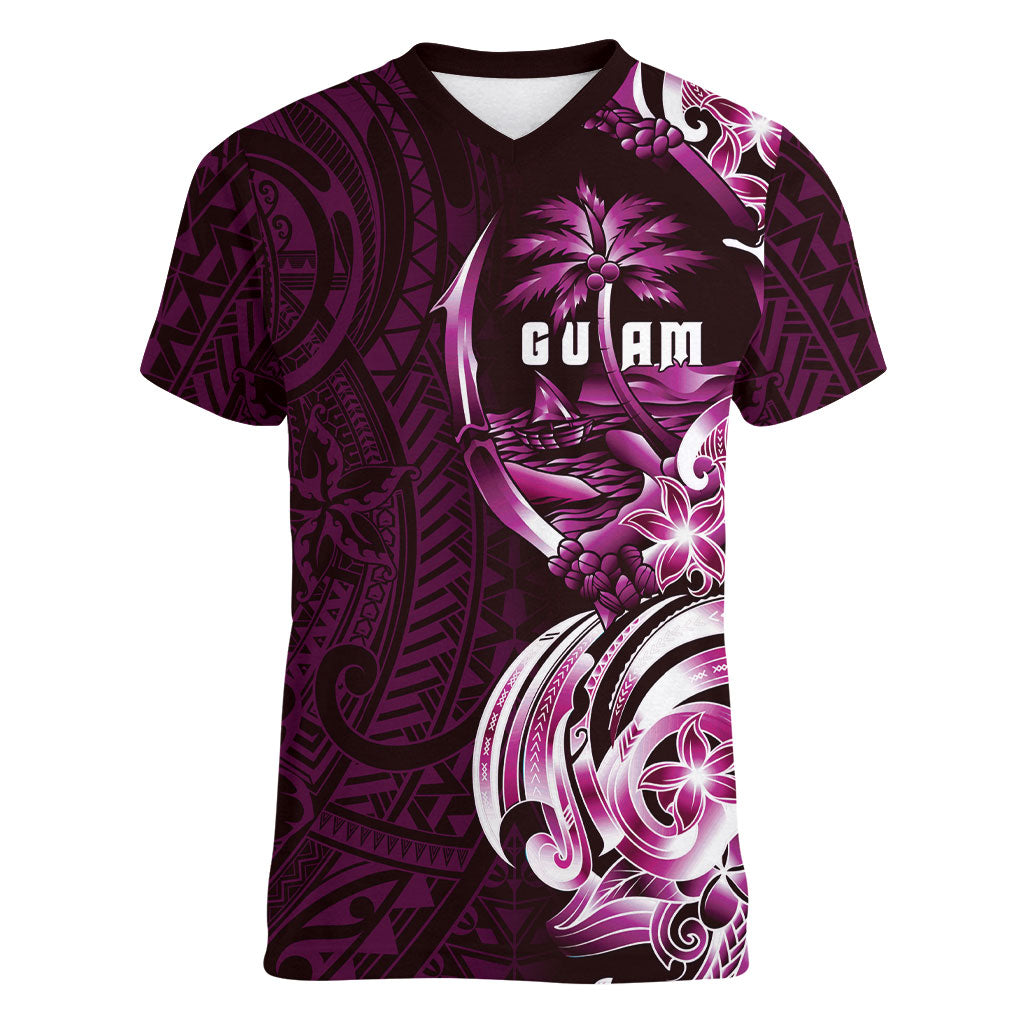 Kulot Di Rosa Guam Chamorro Women V-Neck T-Shirt Guahan Seal Tattoo LT14 Female Pink - Polynesian Pride