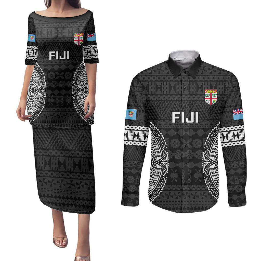 Fiji Rugby Couples Matching Puletasi Dress and Long Sleeve Button Shirts 2023 Fijian Tapa Pattern World Cup Black LT14 Black - Polynesian Pride