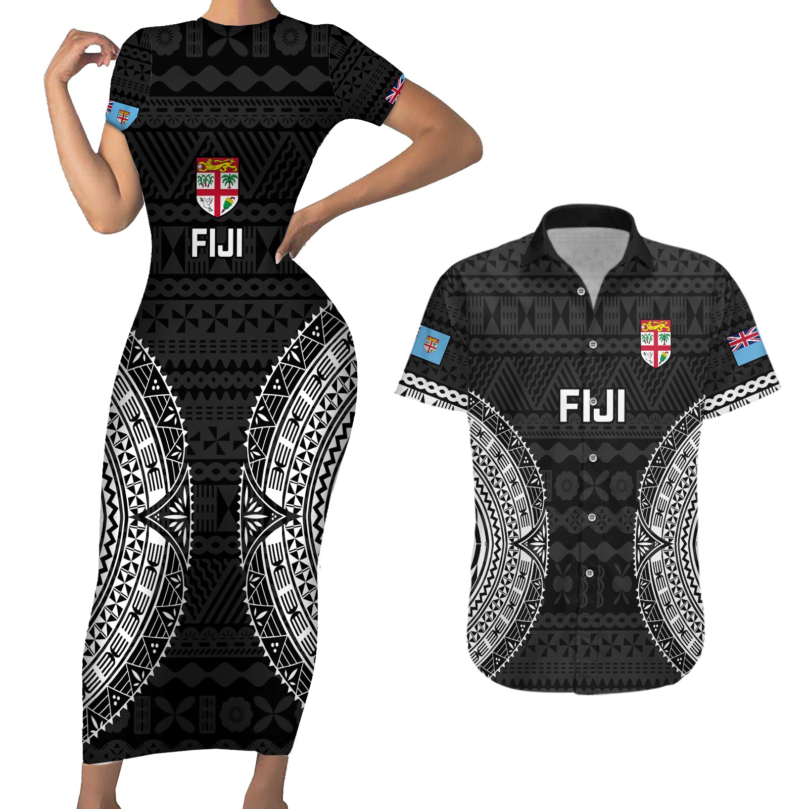 Fiji Rugby Couples Matching Short Sleeve Bodycon Dress and Hawaiian Shirt 2023 Fijian Tapa Pattern World Cup Black LT14 Black - Polynesian Pride