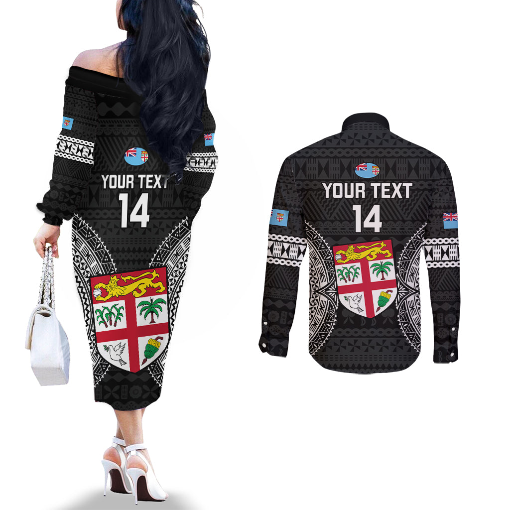 Custom Fiji Rugby Couples Matching Off The Shoulder Long Sleeve Dress and Long Sleeve Button Shirts 2023 Fijian Tapa Pattern World Cup Black LT14 - Polynesian Pride