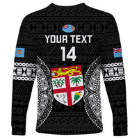 Custom Fiji Rugby Long Sleeve Shirt 2023 Fijian Tapa Pattern World Cup Black LT14 - Polynesian Pride
