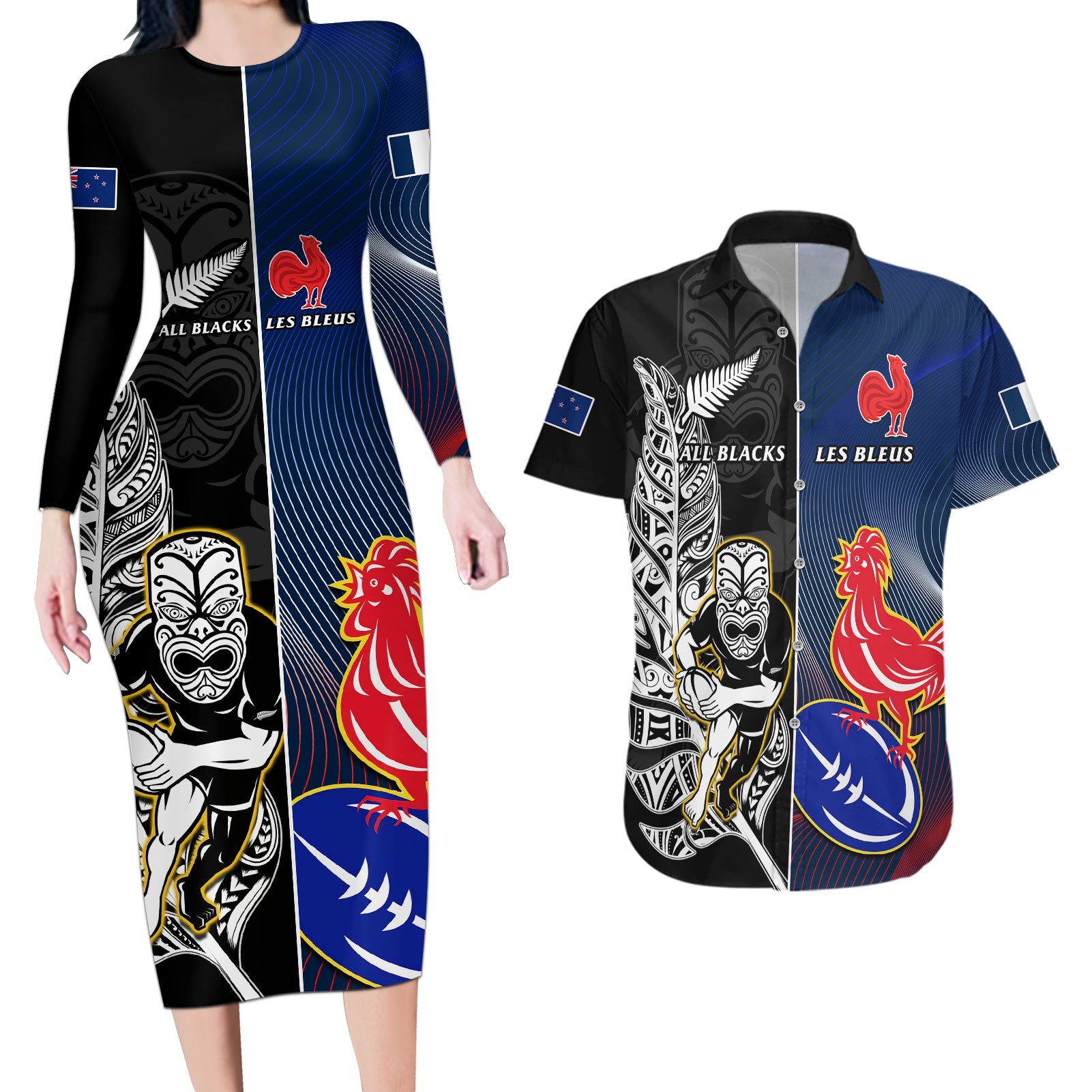 New Zealand And France Rugby Couples Matching Long Sleeve Bodycon Dress and Hawaiian Shirt All Black With Les Bleus Together 2023 World Cup LT14 Black - Polynesian Pride