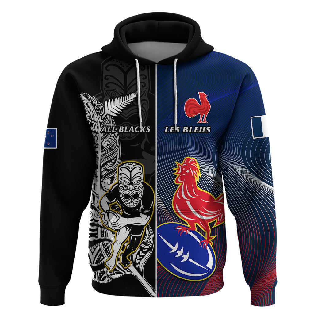 New Zealand And France Rugby Hoodie All Black With Les Bleus Together 2023 World Cup LT14 Black - Polynesian Pride