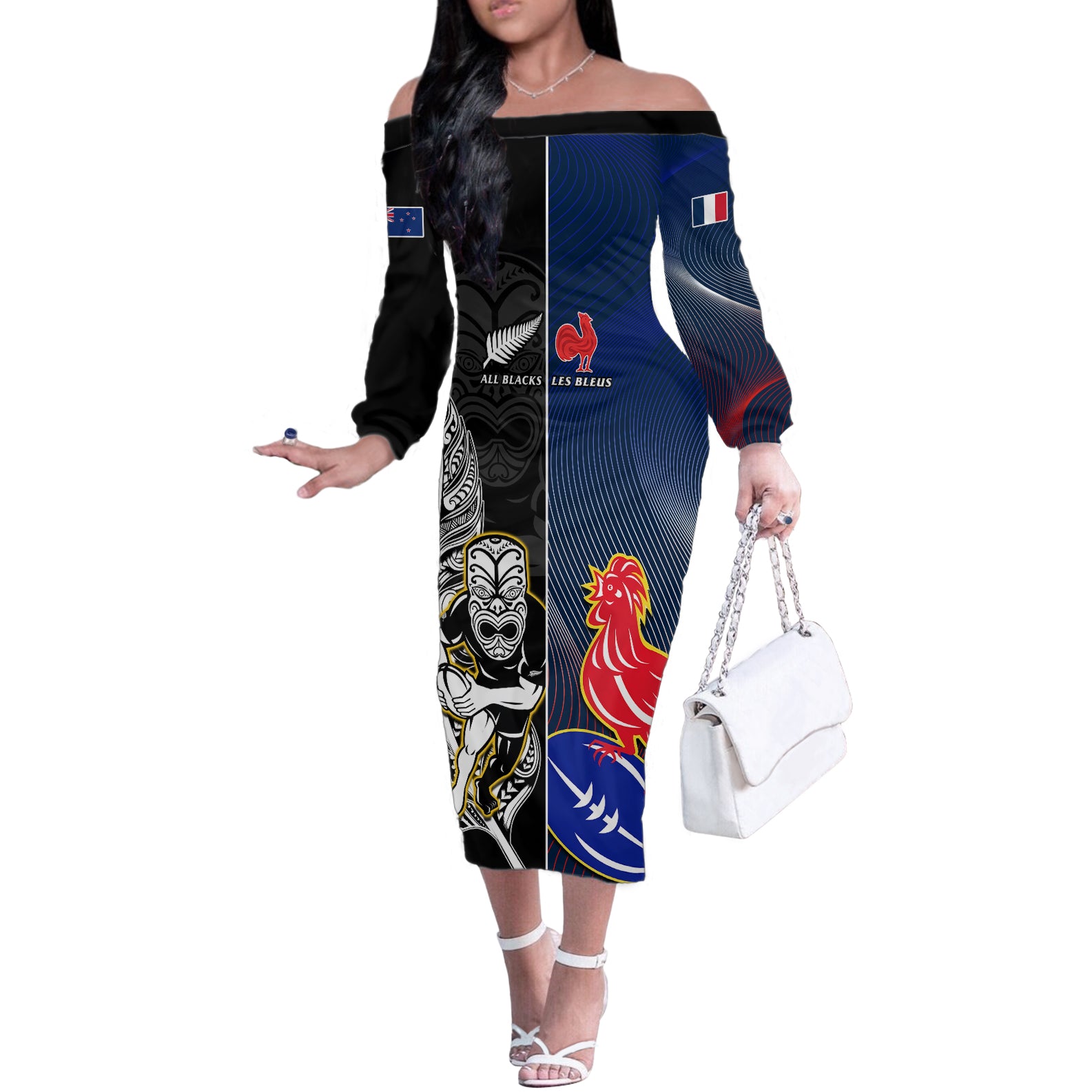 New Zealand And France Rugby Off The Shoulder Long Sleeve Dress All Black With Les Bleus Together 2023 World Cup LT14 Women Black - Polynesian Pride