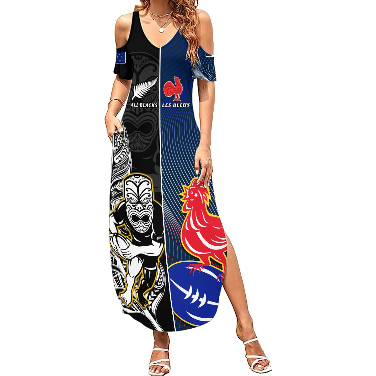 New Zealand And France Rugby Summer Maxi Dress All Black With Les Bleus Together 2023 World Cup LT14 Women Black - Polynesian Pride