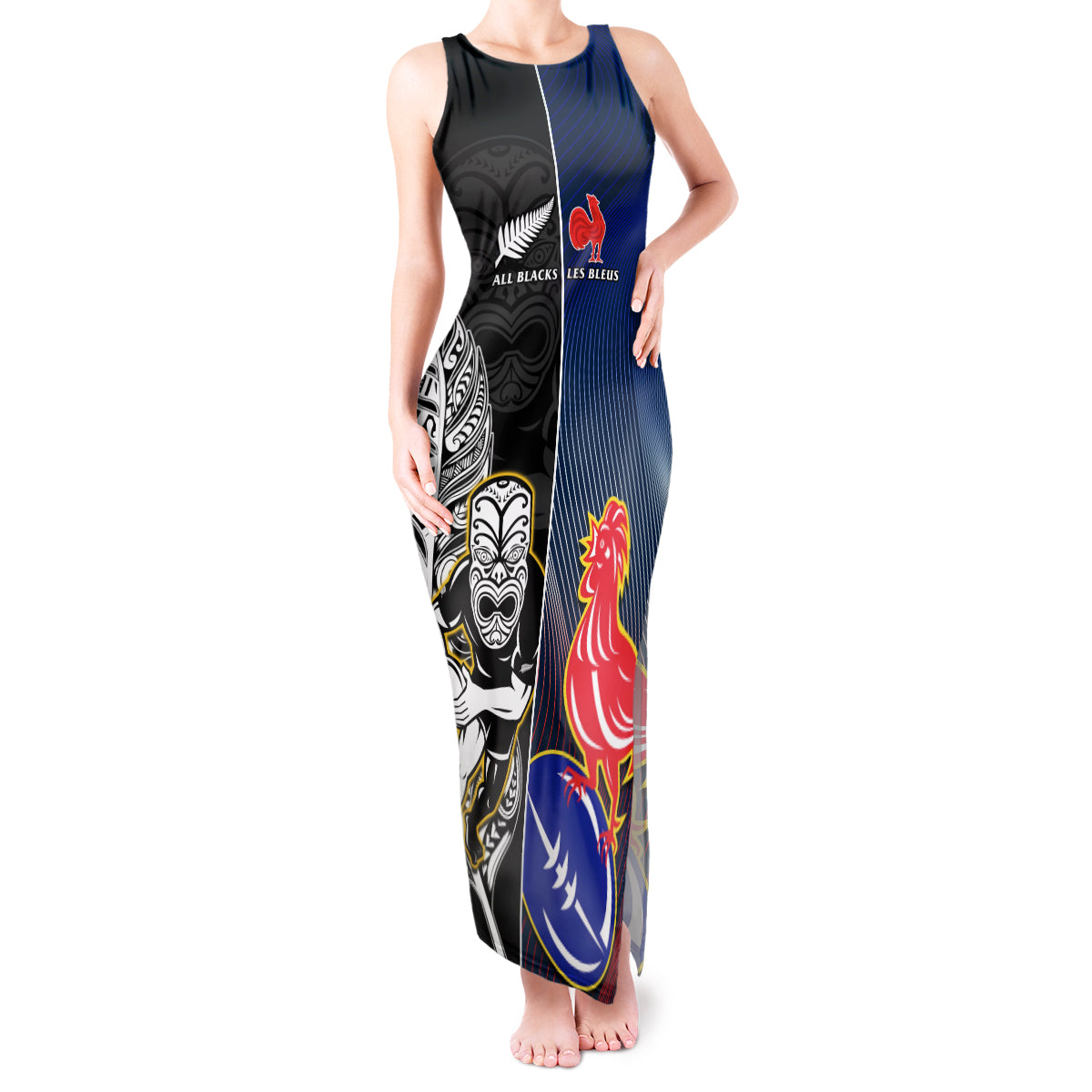 New Zealand And France Rugby Tank Maxi Dress All Black With Les Bleus Together 2023 World Cup LT14 Women Black - Polynesian Pride