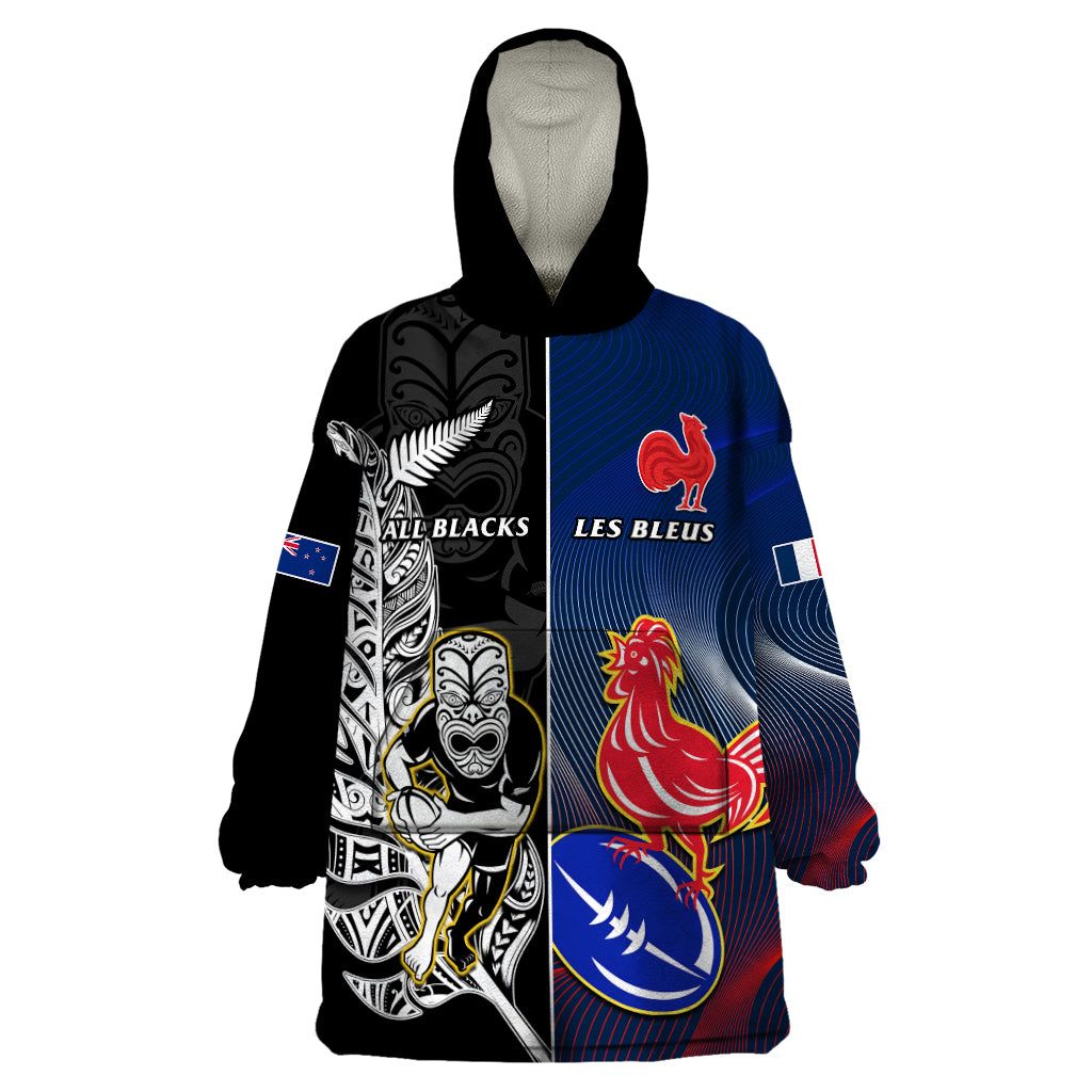 New Zealand And France Rugby Wearable Blanket Hoodie All Black With Les Bleus Together 2023 World Cup LT14 One Size Black - Polynesian Pride