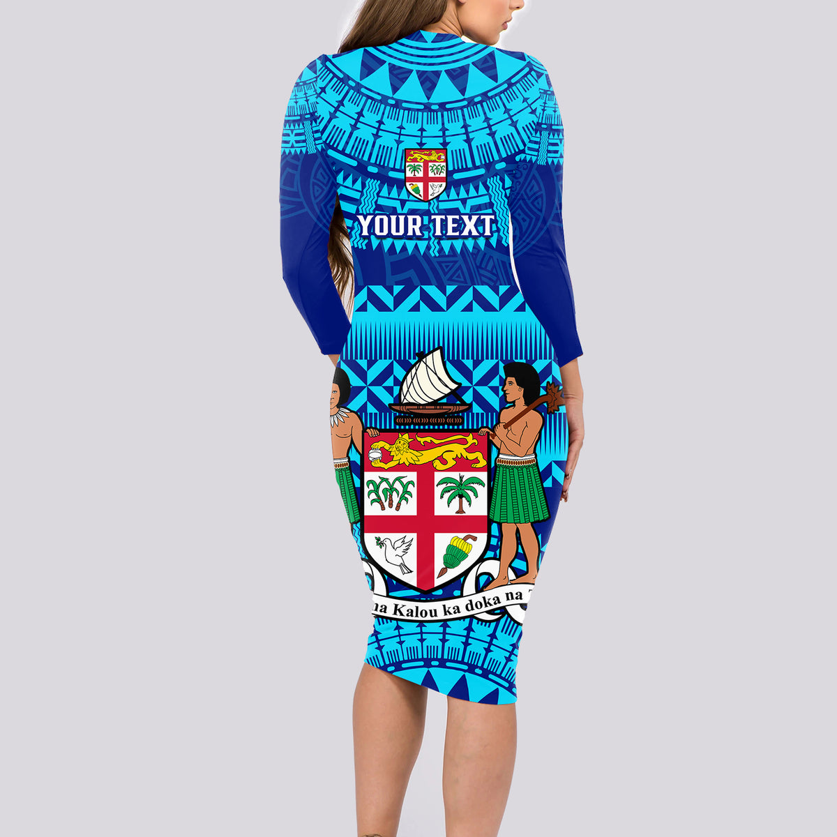Personalised Fiji Long Sleeve Bodycon Dress Unique Fijian Tapa Pattern With Coat Of Arms LT14 - Polynesian Pride