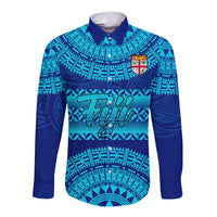 Personalised Fiji Long Sleeve Button Shirt Unique Fijian Tapa Pattern With Coat Of Arms LT14 Unisex Blue - Polynesian Pride