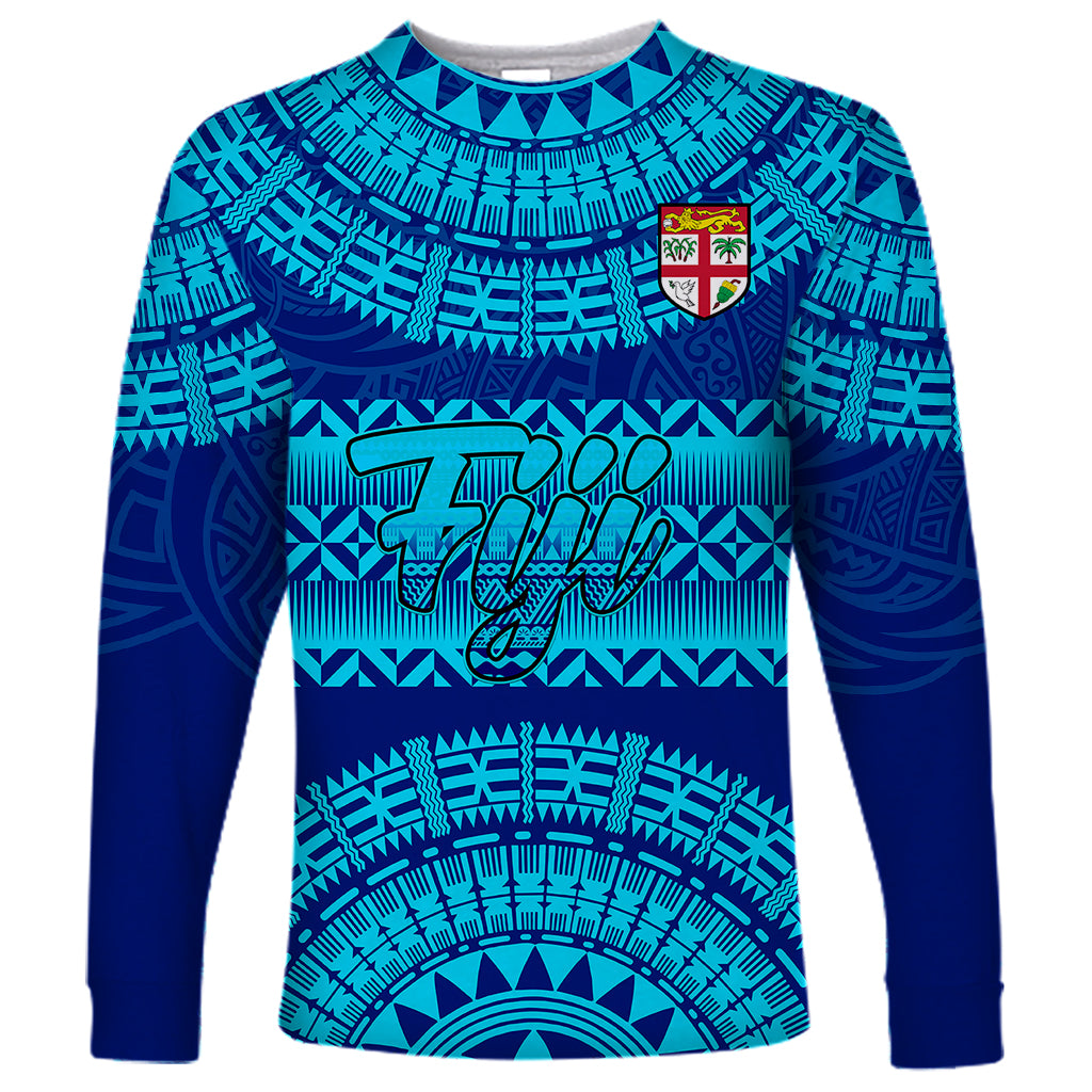 Personalised Fiji Long Sleeve Shirt Unique Fijian Tapa Pattern With Coat Of Arms LT14 Unisex Blue - Polynesian Pride