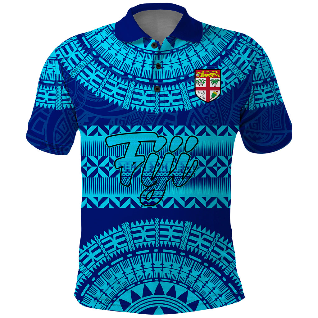 Personalised Fiji Polo Shirt Unique Fijian Tapa Pattern With Coat Of Arms LT14 Blue - Polynesian Pride