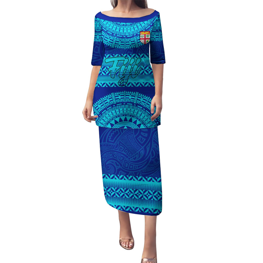 Personalised Fiji Puletasi Unique Fijian Tapa Pattern With Coat Of Arms LT14 Long Dress Blue - Polynesian Pride