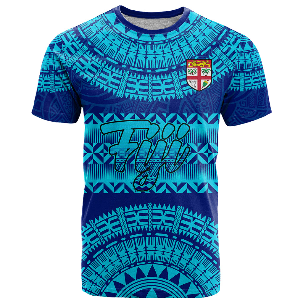 Personalised Fiji T Shirt Unique Fijian Tapa Pattern With Coat Of Arms LT14 Blue - Polynesian Pride