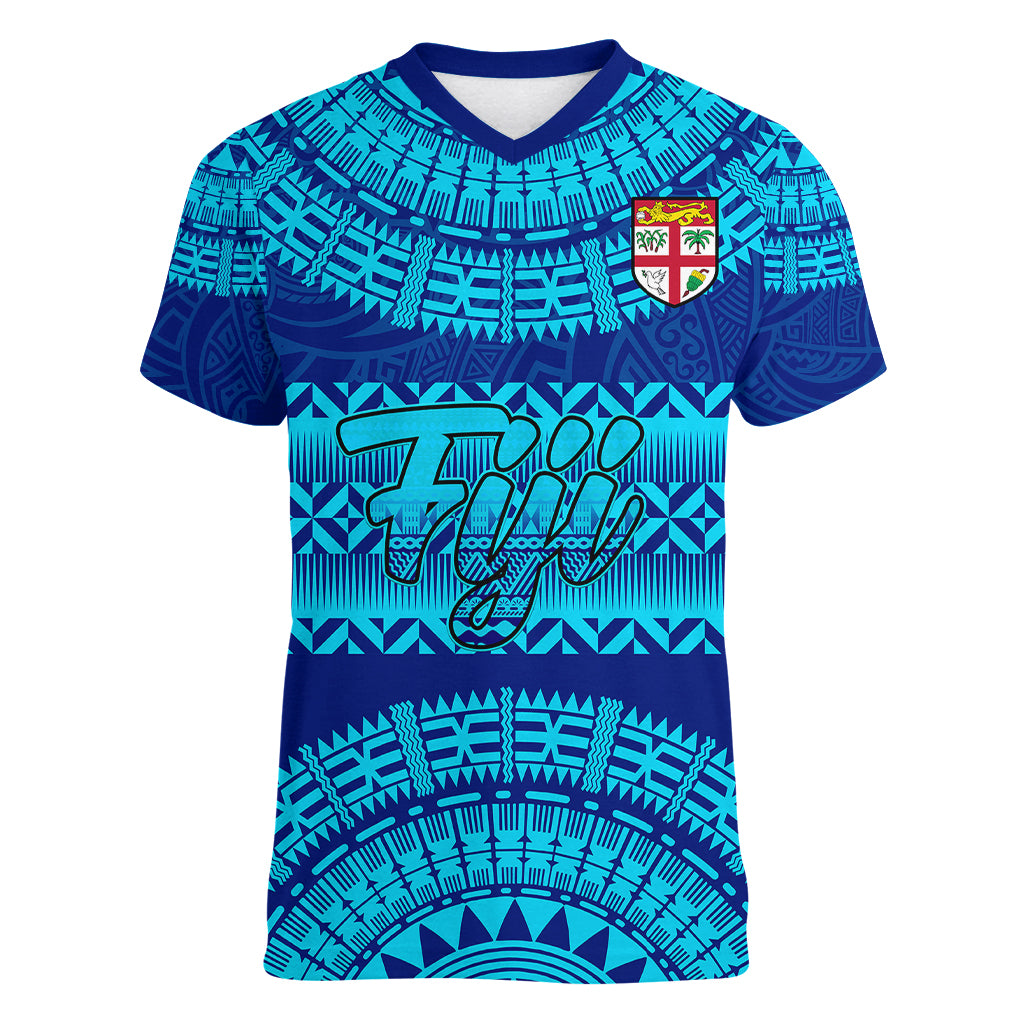 Personalised Fiji Women V Neck T Shirt Unique Fijian Tapa Pattern With Coat Of Arms LT14 Female Blue - Polynesian Pride
