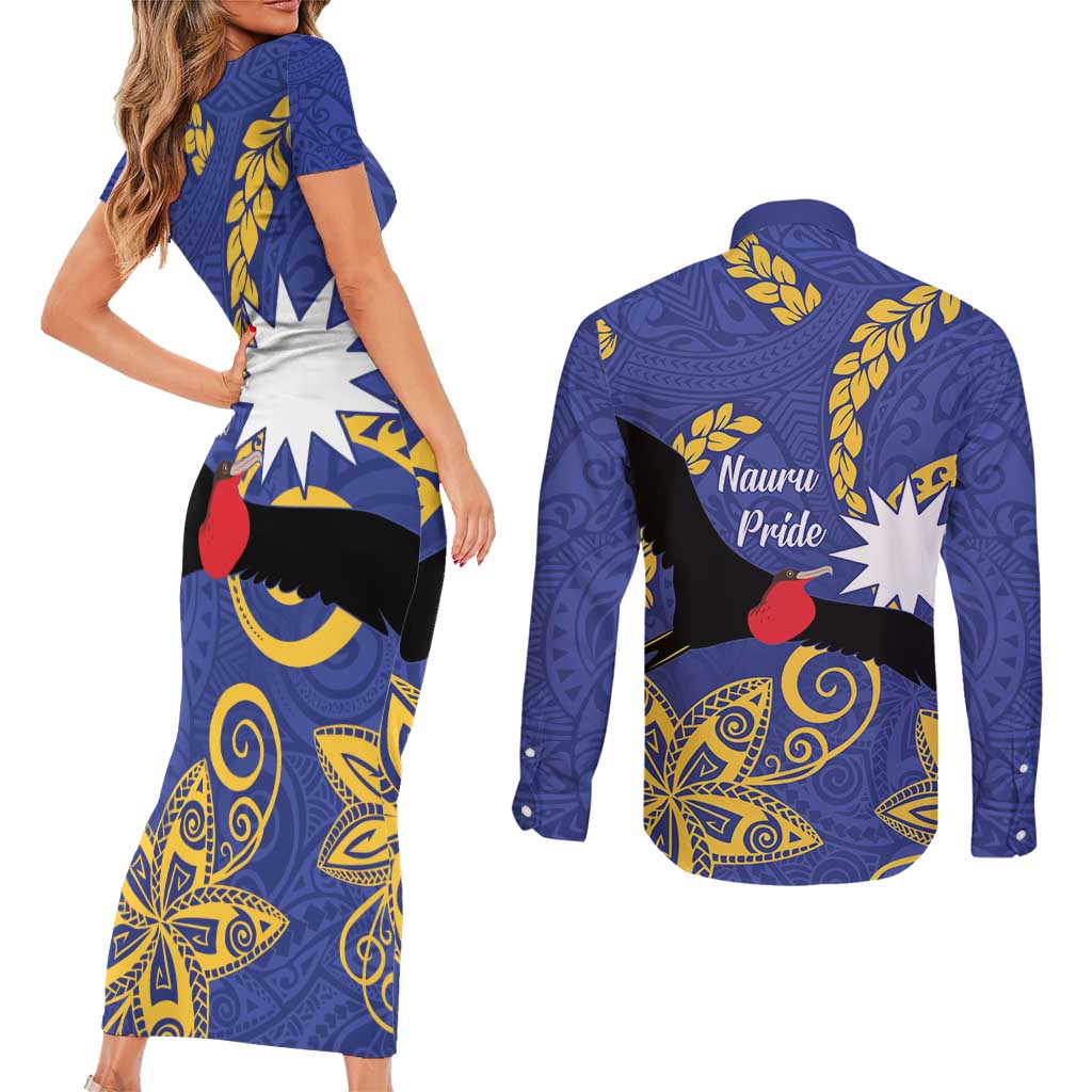 Nauru Angam Day Couples Matching Short Sleeve Bodycon Dress and Long Sleeve Button Shirt Naoero Frigate Bird Polynesian Pattern