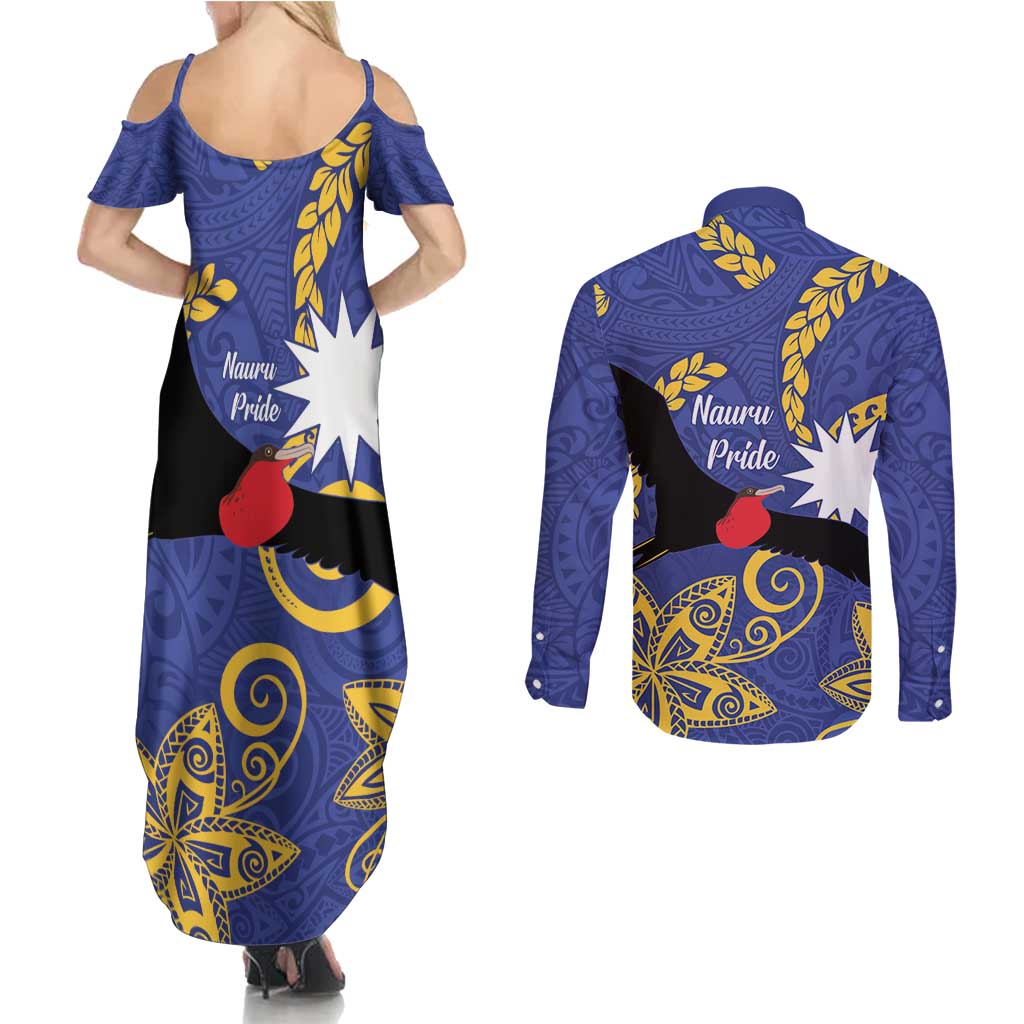 Nauru Angam Day Couples Matching Summer Maxi Dress and Long Sleeve Button Shirt Naoero Frigate Bird Polynesian Pattern