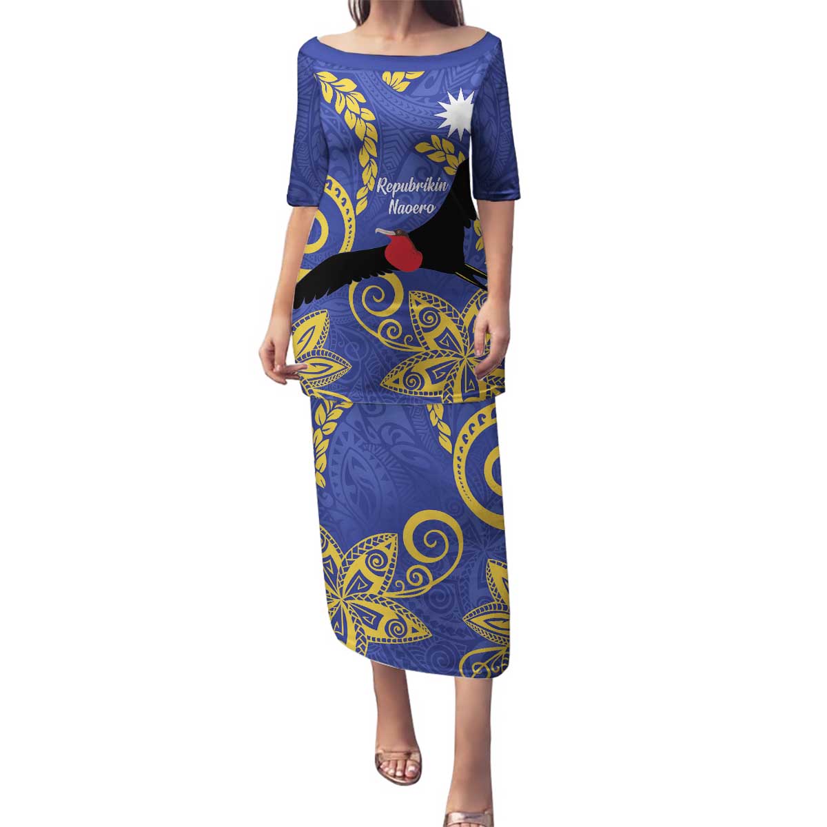Nauru Angam Day Family Matching Puletasi and Hawaiian Shirt Naoero Frigate Bird Polynesian Pattern