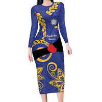 Nauru Angam Day Long Sleeve Bodycon Dress Naoero Frigate Bird Polynesian Pattern LT14 Long Dress Blue - Polynesian Pride