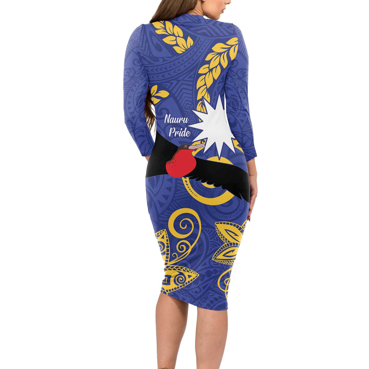 Nauru Angam Day Long Sleeve Bodycon Dress Naoero Frigate Bird Polynesian Pattern LT14 - Polynesian Pride