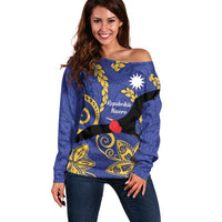 Nauru Angam Day Off Shoulder Sweater Naoero Frigate Bird Polynesian Pattern