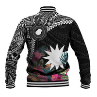 Black Nauru Baseball Jacket Naoero Map With Polynesian Tropical Flowers