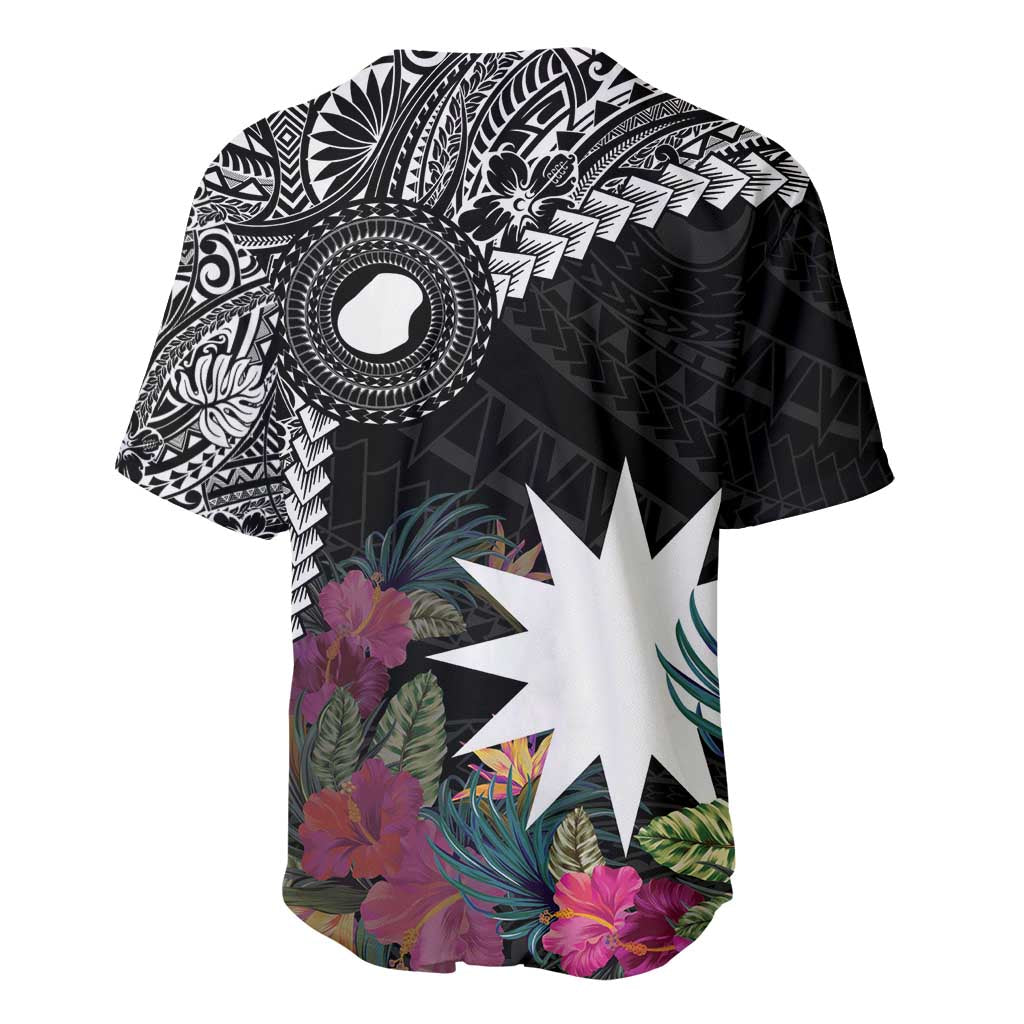 Black Nauru Baseball Jersey Naoero Map With Polynesian Tropical Flowers