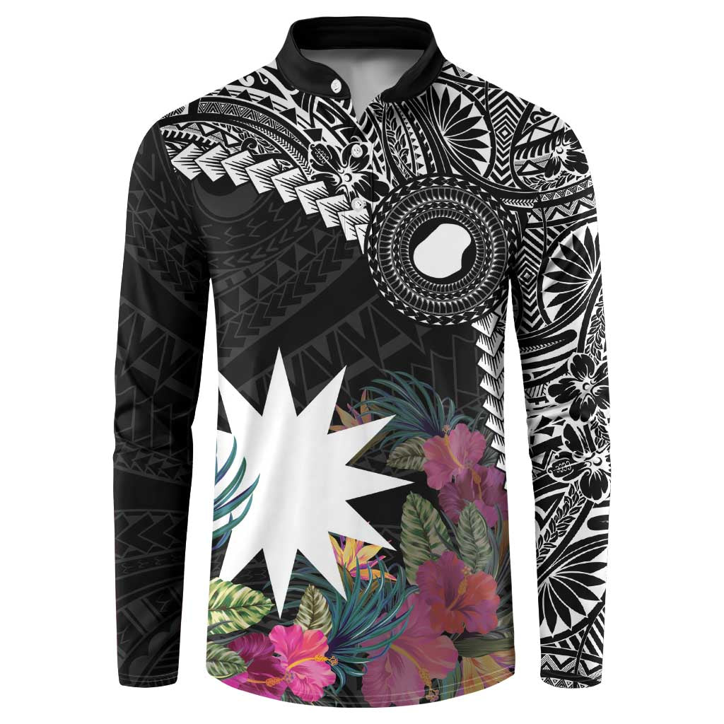 Black Nauru Button Sweatshirt Naoero Map With Polynesian Tropical Flowers