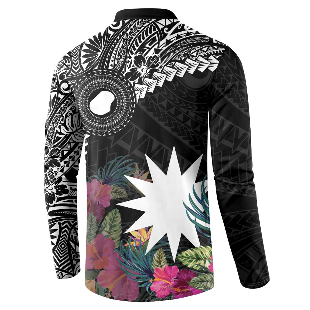 Black Nauru Button Sweatshirt Naoero Map With Polynesian Tropical Flowers