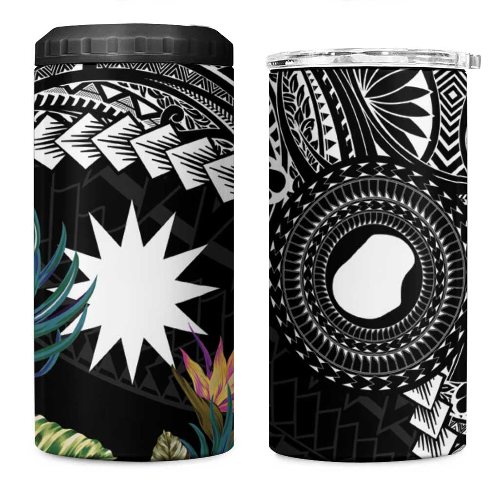 Black Nauru 4 in 1 Can Cooler Tumbler Naoero Map With Polynesian Tropical Flowers