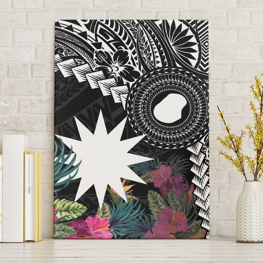 Black Nauru Canvas Wall Art Naoero Map With Polynesian Tropical Flowers