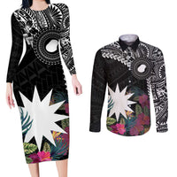 Black Nauru Couples Matching Long Sleeve Bodycon Dress and Long Sleeve Button Shirt Naoero Map With Polynesian Tropical Flowers