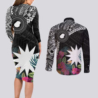 Black Nauru Couples Matching Long Sleeve Bodycon Dress and Long Sleeve Button Shirt Naoero Map With Polynesian Tropical Flowers