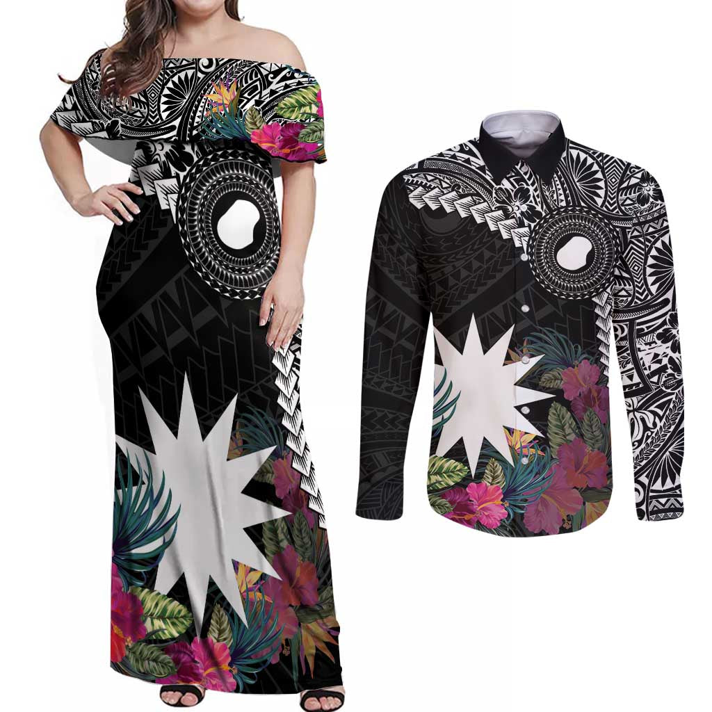 Black Nauru Couples Matching Off Shoulder Maxi Dress and Long Sleeve Button Shirt Naoero Map With Polynesian Tropical Flowers