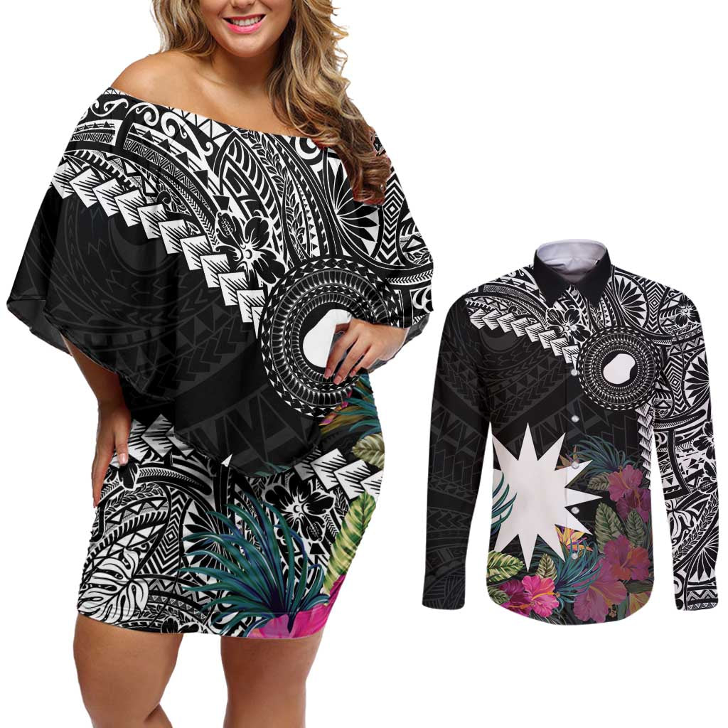 Black Nauru Couples Matching Off Shoulder Short Dress and Long Sleeve Button Shirt Naoero Map With Polynesian Tropical Flowers