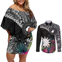 Black Nauru Couples Matching Off Shoulder Short Dress and Long Sleeve Button Shirt Naoero Map With Polynesian Tropical Flowers